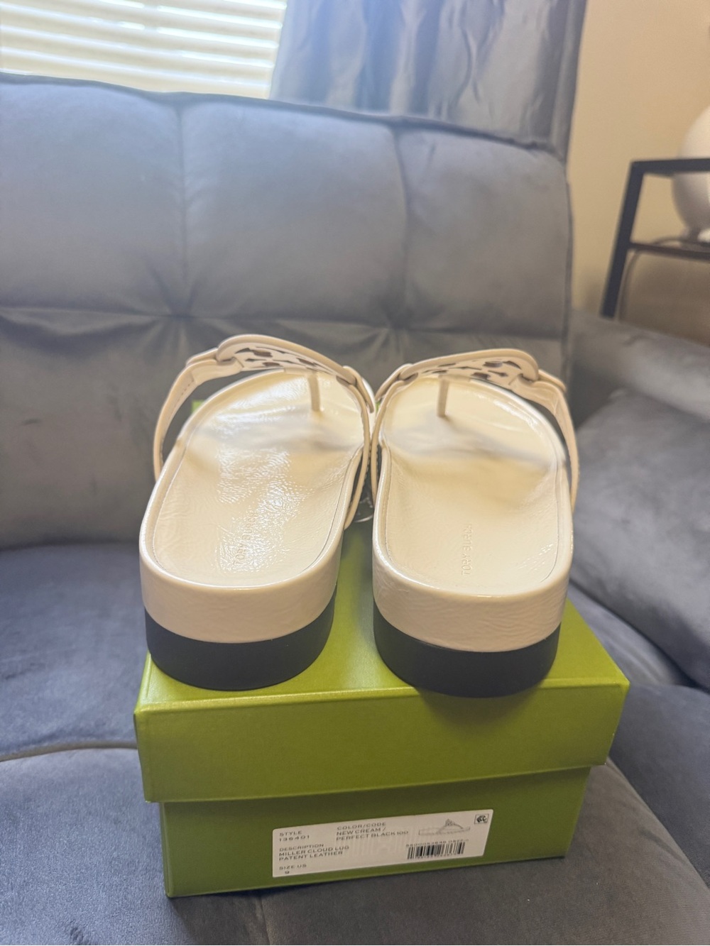 Tory Burch Cream Patent Leather Logo Thong Sandals - Picture 7 of 7